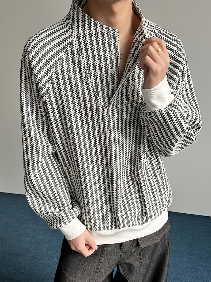 Men's Sweatshirt, a Fashionable and Versatile Casual Men's Sweatshirt with a Trendy Design Featuring a Patchwork Placket, Stand-up Collar, and Pockets. It Features a Raglan Sleeve Design and a Loose Fit, Suitable for Daily Casual Wear - White