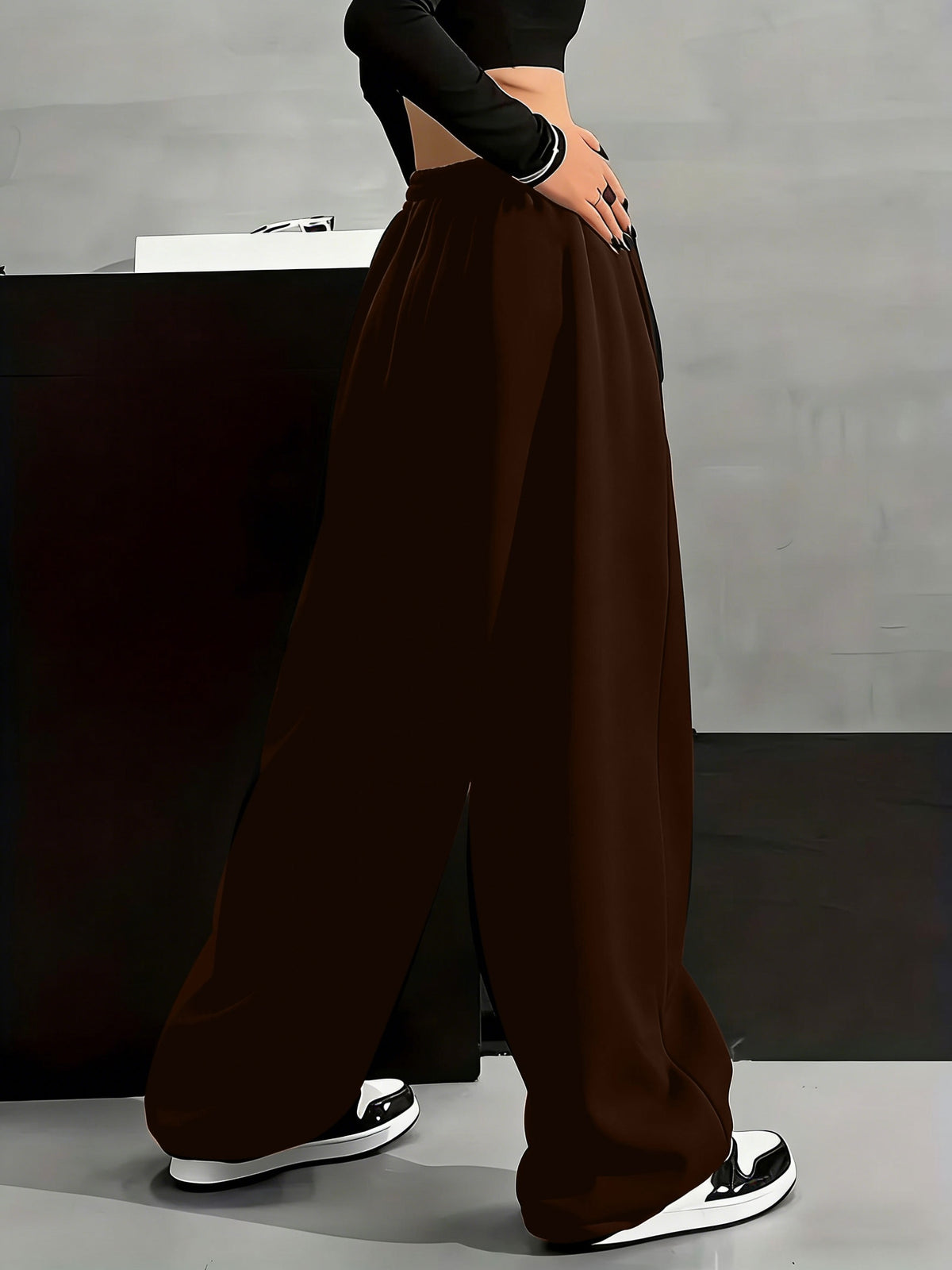 Women'S Fleece Trousers, Autumn and Winter Fashion Casual | Monochrome Tunic Trousers with Geometric Pattern, Casual Loose Sweatpants with Drawstring Detail - Coffee Brown