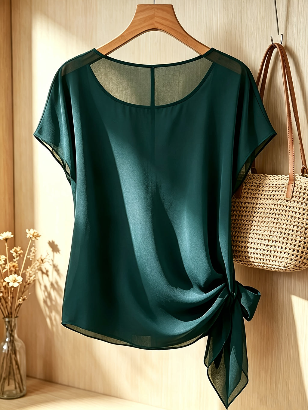Spring Summer Women'S Fashion Ruffled Waist-Cinching Irregular Hem Temperament Elegant Style Chiffon Short Sleeve Top - Dark Green