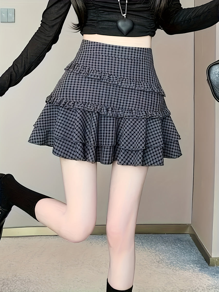 Retro Plaid Ruffle Skirt Women'S Anti-Exposure Design Niche High-Waisted Versatile A-Line Skirt - Lattice