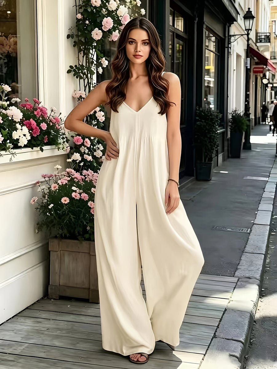 Summer Loose Drapey Wide-Leg Cami Jumpsuit, Side-Pocket Fashion Lazy Style Vacation One-Piece - Off-white
