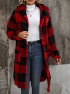 Popular European and American Women's Fashion: New Autumn/Winter Black and White Checkered Double-Sided Plush Hooded Pocket Mid-Length Casual Coat - Red And Black Plaid