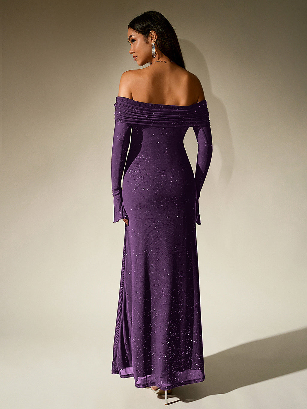 PARTHEA NewAsia Women's Bell Sleeve Off Shoulder Sequin Long Dress Backless Double Layer Club Party Sparkling Mesh Maxi Dresses Brown - Purple