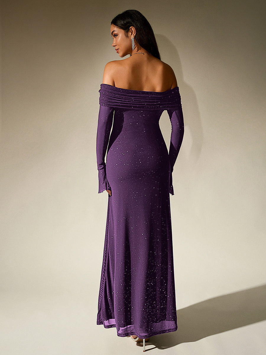 PARTHEA NewAsia Women's Bell Sleeve Off Shoulder Sequin Long Dress Backless Double Layer Club Party Sparkling Mesh Maxi Dresses Brown - Purple