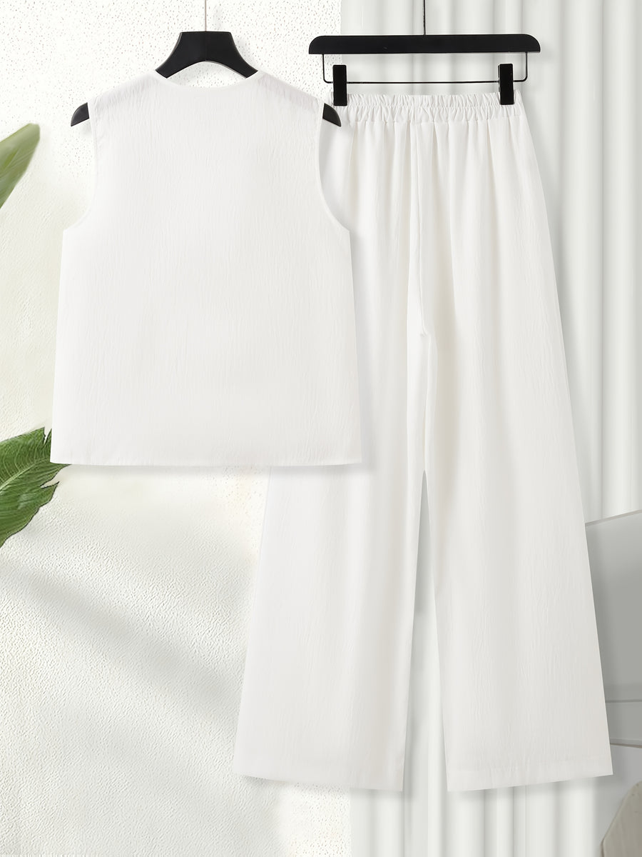 Chinese Style Embroidered Women's Set, Breathable Vest and Pants Outfit - Two-Piece Casual Elegant Ensemble - White