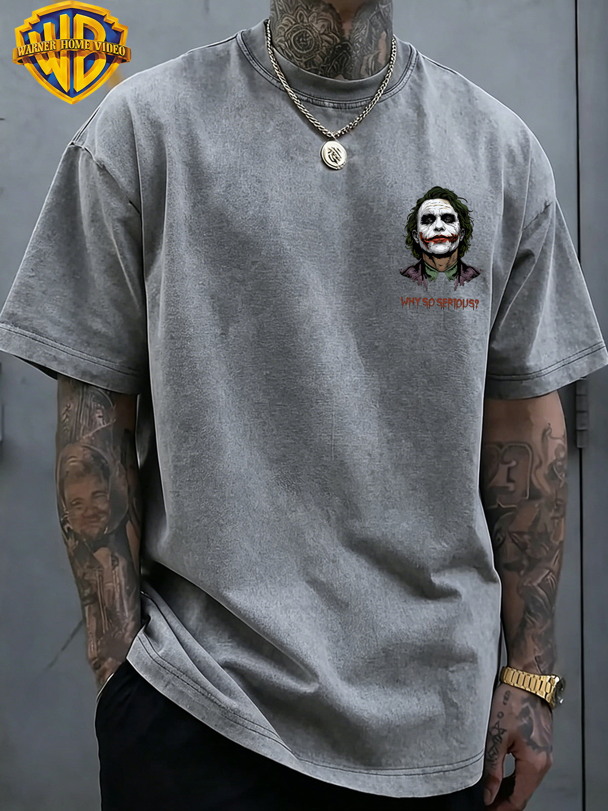 Warner Genuine Authorization, Men's Short Sleeved Heath Ledger Clown Print Pattern, American Retro Washed Distressed T-shirt, Suitable for Outdoor Sports, Daily Commuting, Machine Washable - Grey