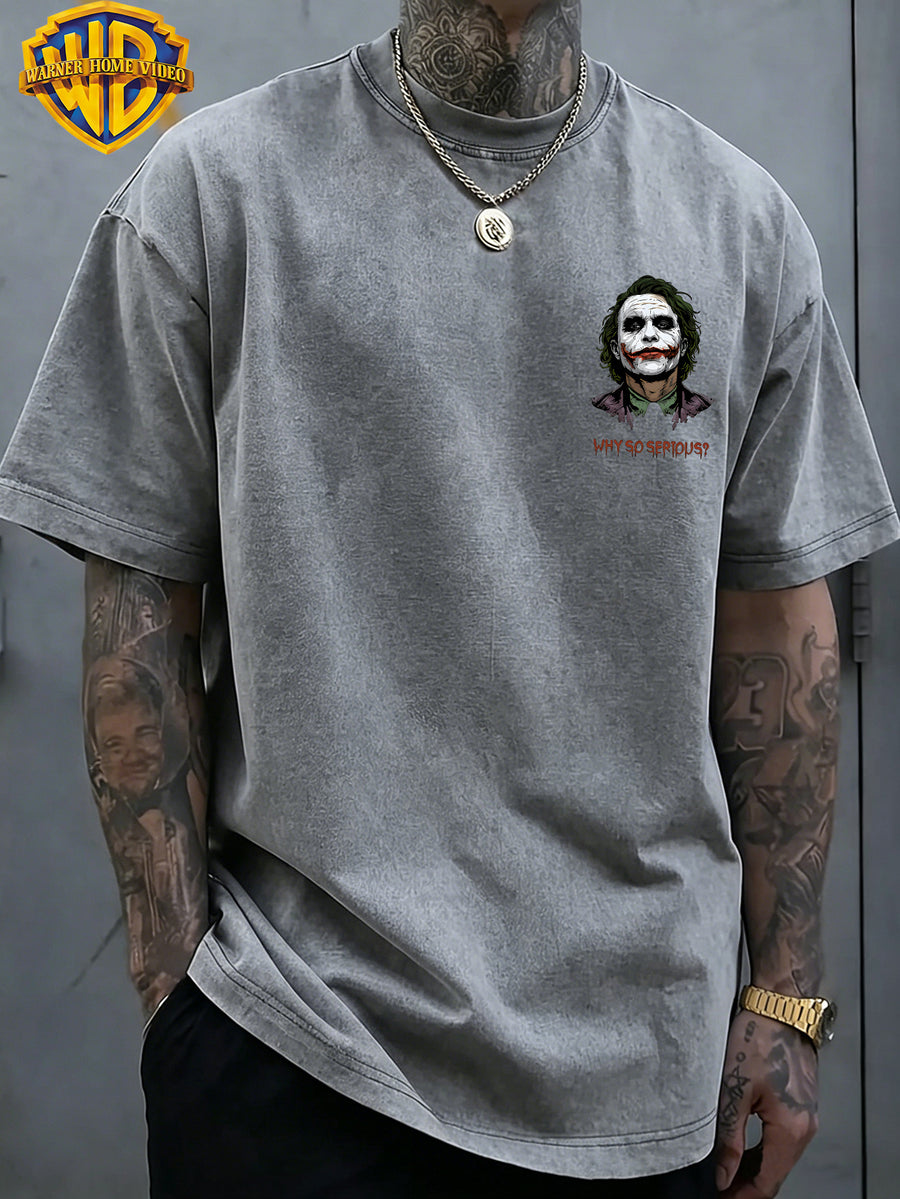 Warner Genuine Authorization, Men's Short Sleeved Heath Ledger Clown Print Pattern, American Retro Washed Distressed T-shirt, Suitable for Outdoor Sports, Daily Commuting, Machine Washable - Grey