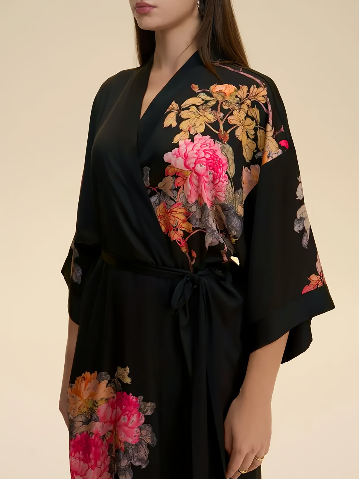 Japanese-style Rose Print Mid-length Three-quarter Sleeve Kimono Cardigan, Lightweight Outerwear for Women, Elegant European and American Ethnic-inspired Streetwear Casual Cover-up, Beach Vacation Travel Uchikake-style Thin Cape Coat, Home Yukata - Black