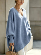 Plus Size - French Casual Style Plus Size V-Neck Sweater Women'S Loose Batwing Sleeve Solid Soft Pullover Sweater Autumn Winter Premium Top - Royal Blue