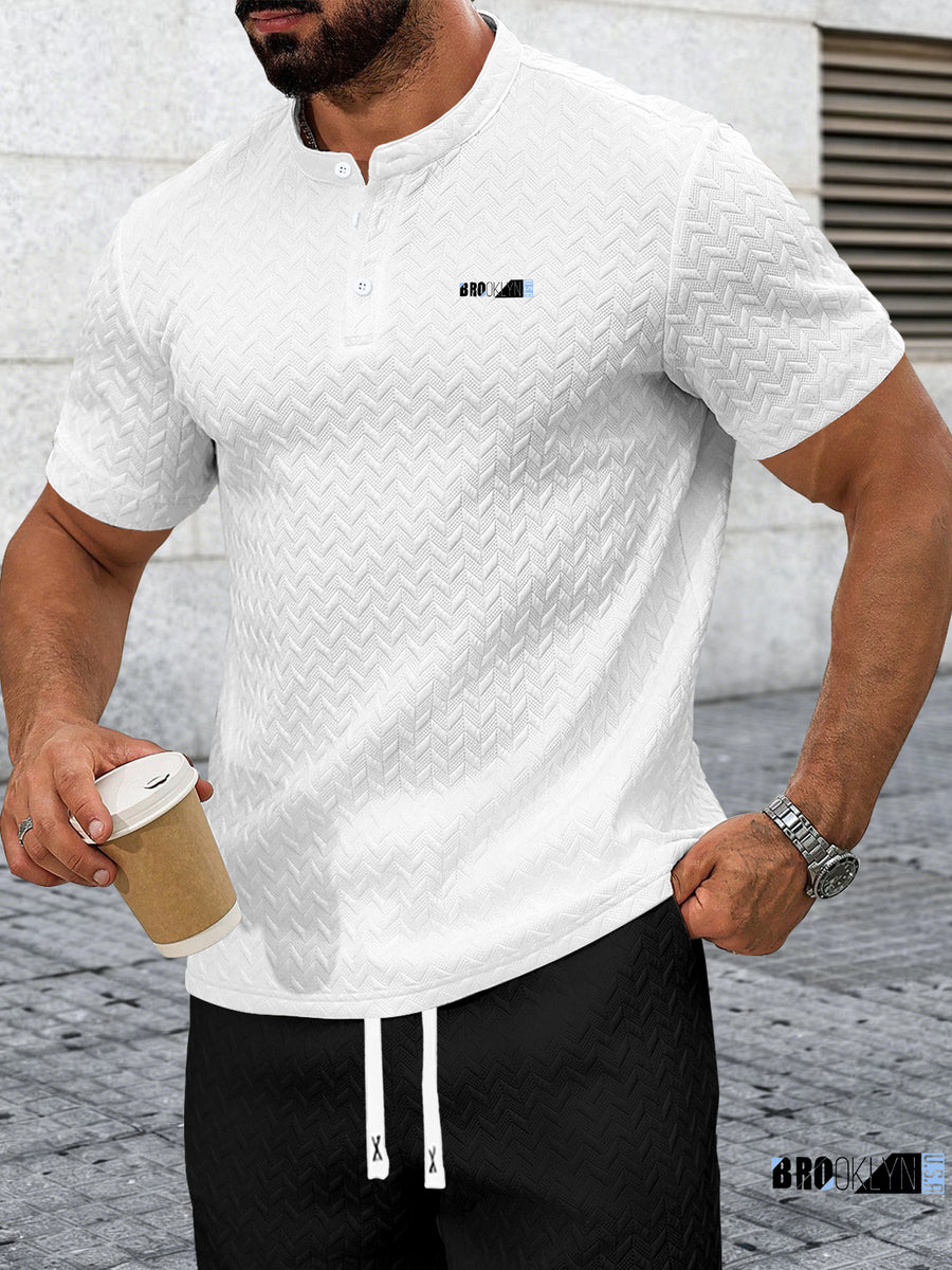 Men's Summer Casual Textured Short-Sleeve T-Shirt, Breathable Textured Jacquard Crew Neck Henley Shirt with Buttons, Regular Fit Suitable for Outdoor and Daily Wear, Men's Textured Short-Sleeve Henley Shirt - White