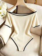 Easy Trendy Comfortable Breathable Vertical Strip High-Elastic Slim Fit Contrast Off-Shoulder Jumpsuit - 【Light Yellow】