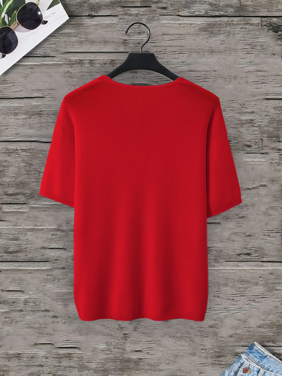 Men'S Loose-Fitting Short-Sleeve Pullover with a V-Neck And Dropped Shoulders, Knit - Red