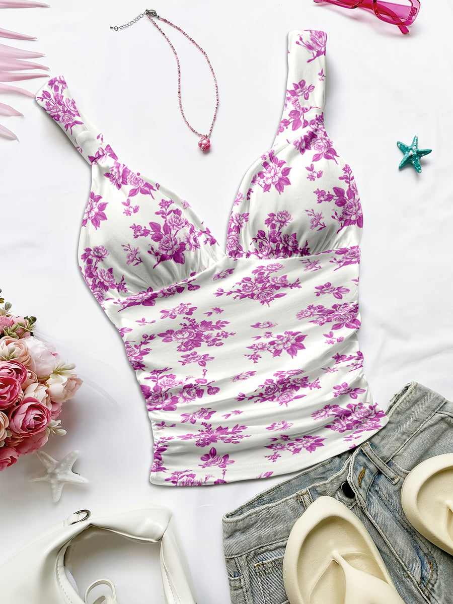 Women's Spring/summer New Hot Beach Tropical Vacation Outfits Casual Floral Slim Fit Bustier Halter Top - Magenta
