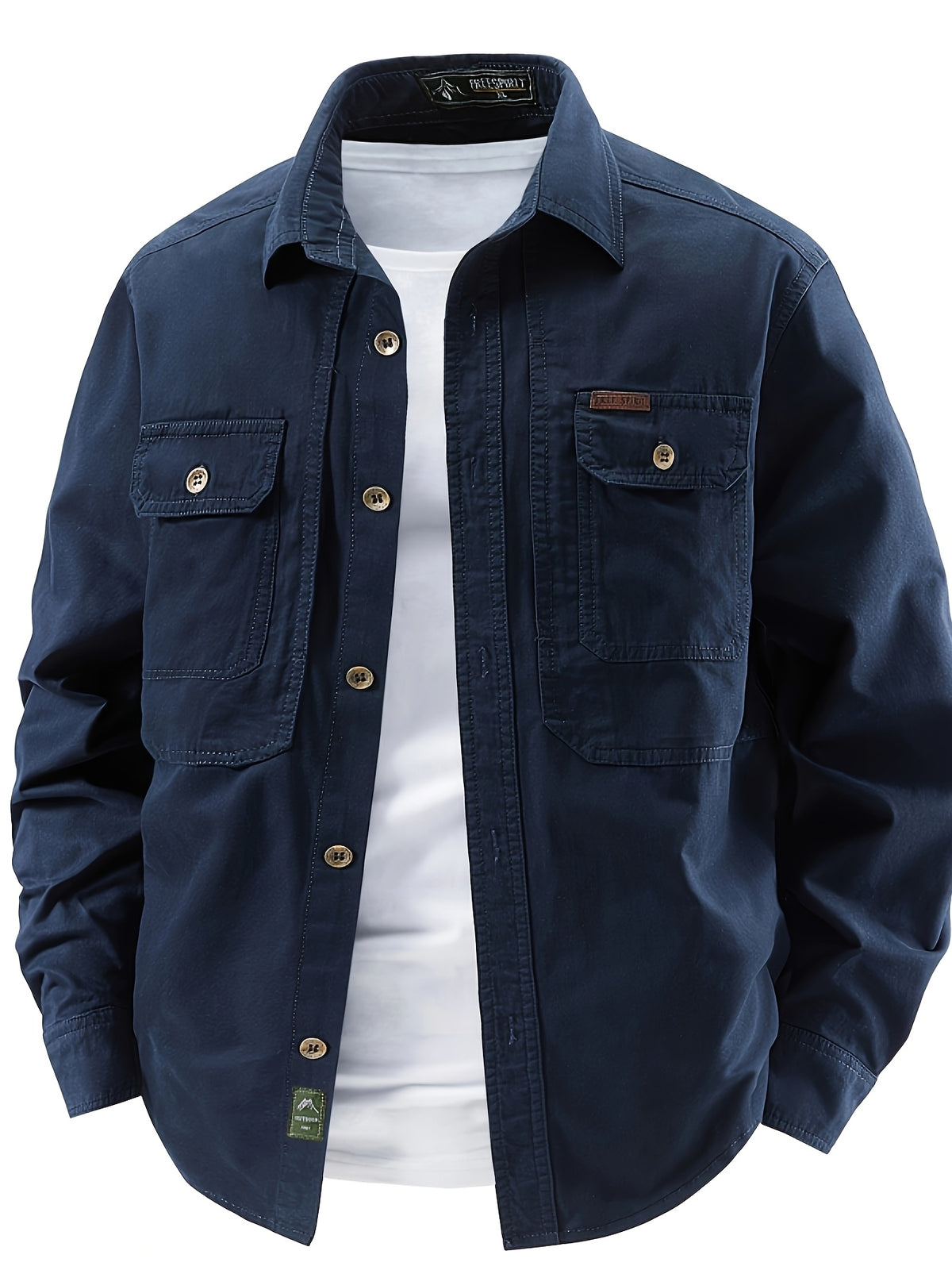 2pcs Men'S 100% Utility Long Sleeve Shirts, Spring/Autumn Vintage Washed Loose Fit, Stiff Non-Deformable Collar, Large Capacity Chest Pockets for Phone, Brass Metal Buttons, Straight Windproof Cuffs - Blue+Khaki