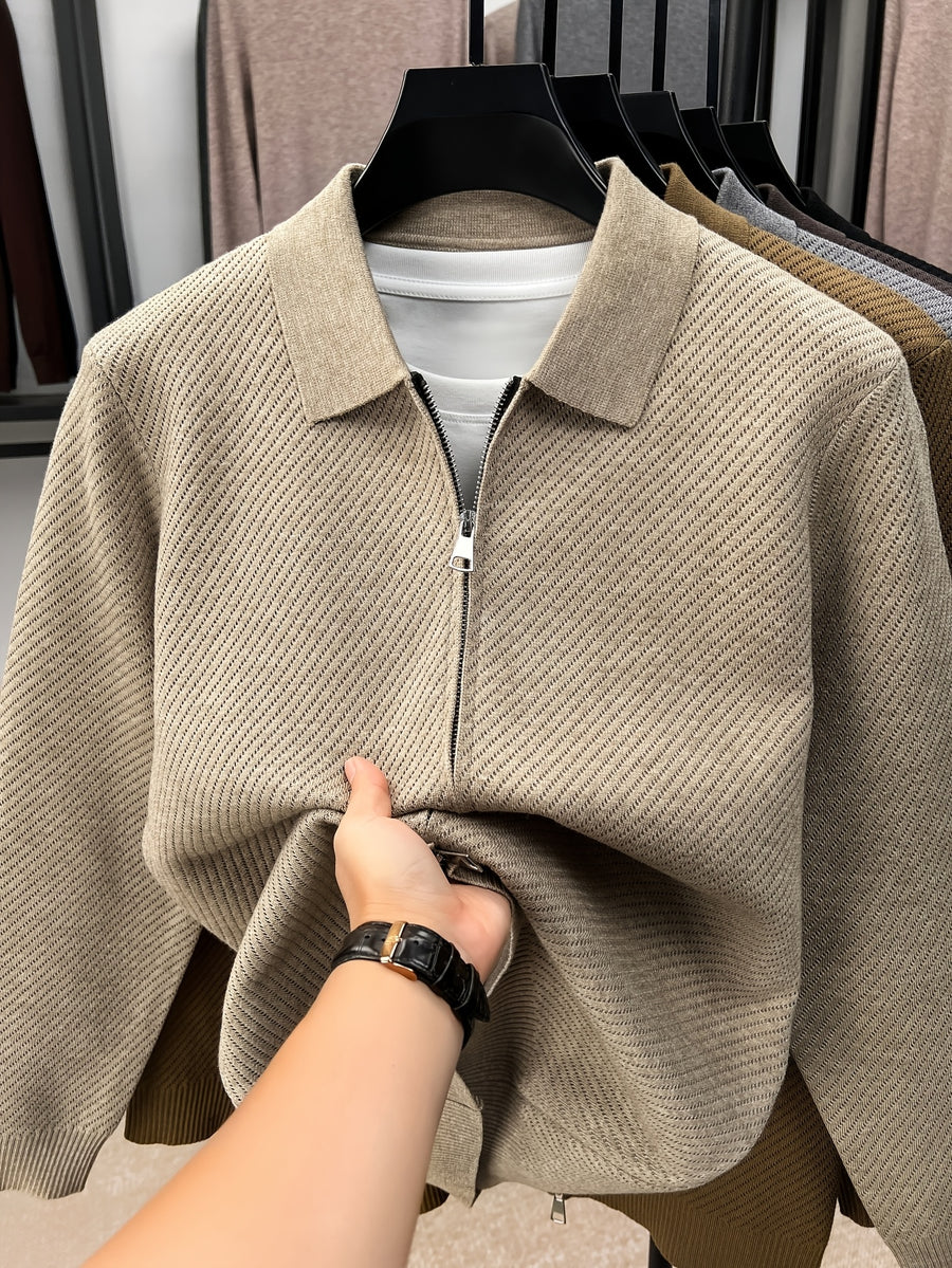 Xingfan Autumn/Winter Men's Long-Sleeve Open-Front Cardigan Lapel Business Casual Solid Color Chunky Knit Full-Zip Thickened Outerwear Jacket - Apricot