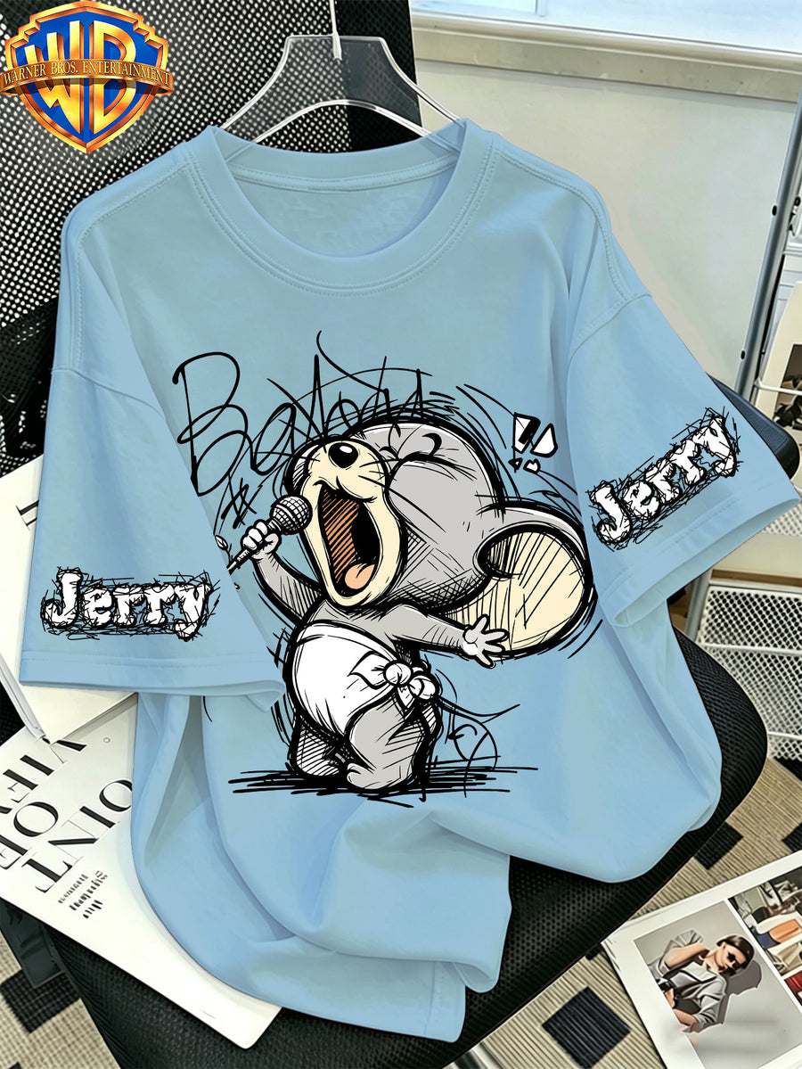 Warner Bros. Official Classic Character Singing Mouse Print T-Shirt, Men'S 100% Casual Comfortable Multi-Functional Loose Summer Short Sleeve T-Shirt, Suitable for Outdoor Wear - Light Blue