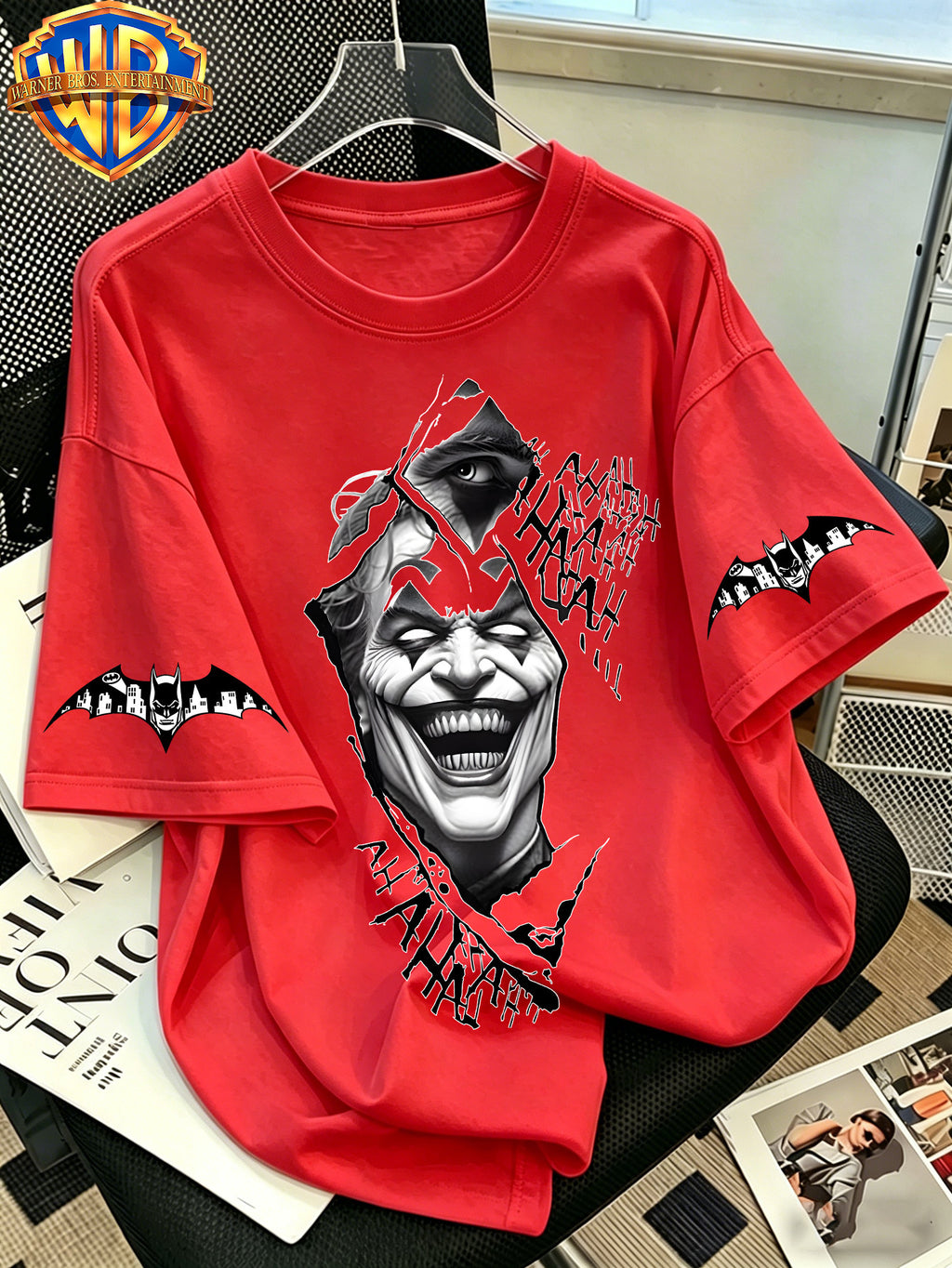 Official WB. Men's Short-sleeve T-shirt with Fun Cartoon Print, Joker Black and White Torn Cartoon Print, Crew Neck Top. Suitable for Men's Casual Summer Daily Commutes, Home, and Office Wear - Red