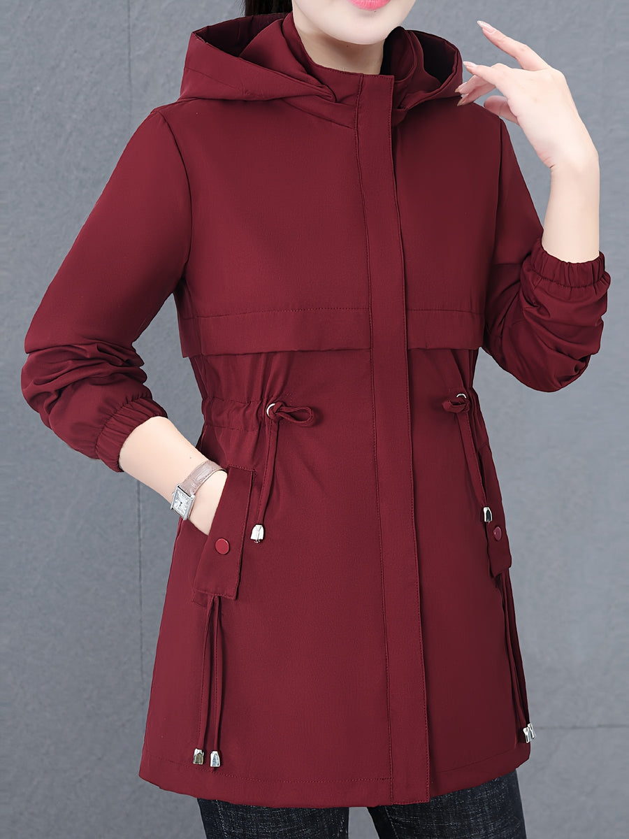 Newest Women'S Top Jacket Coat, Mid-Length Jacket, with Hood, Soft And Comfortable Fabric, 100 Fiber Material, Versatile Casual Style, Suitable for Spring, Autumn And Winter, with Drawstring Waist - Burgundy