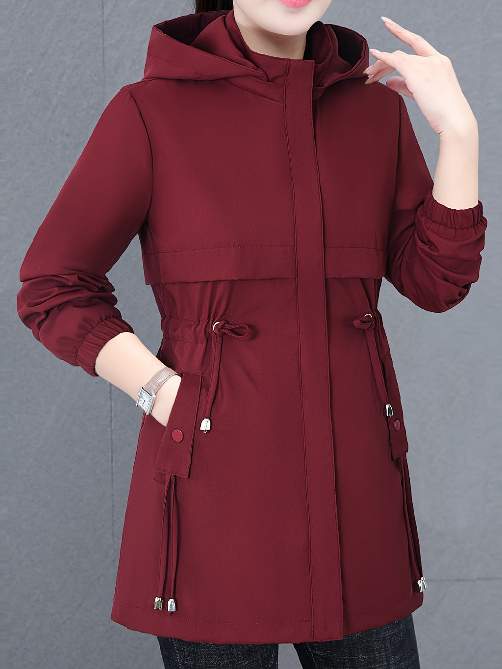 Newest Women'S Top Jacket Coat, Mid-Length Jacket, with Hood, Soft And Comfortable Fabric, 100 Fiber Material, Versatile Casual Style, Suitable for Spring, Autumn And Winter, with Drawstring Waist - Burgundy