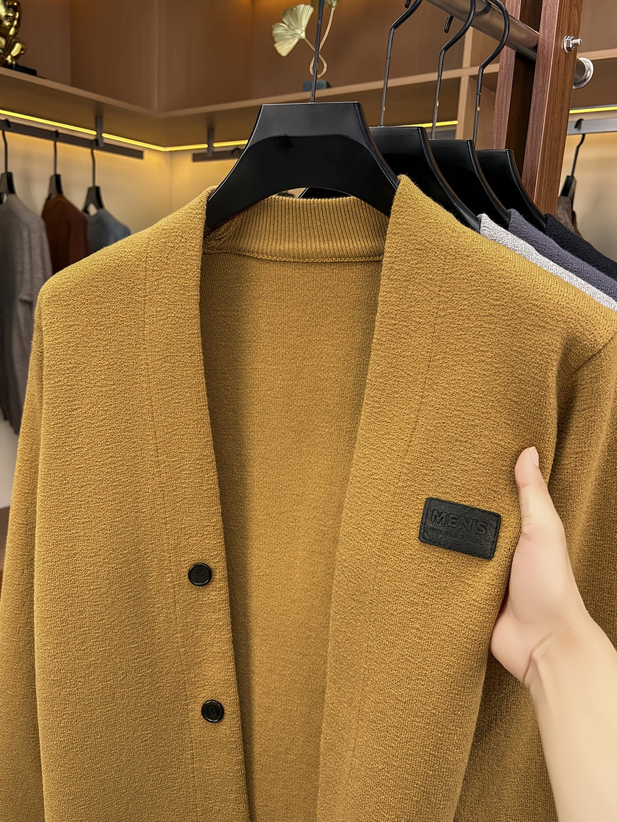 1pc Spring Autumn Men'S V-Neck Cardigan Knit Jacket Single Fake Button Cardigan Sweater Easy All-Match Casual Outerwear Knit Top - ginger-colored