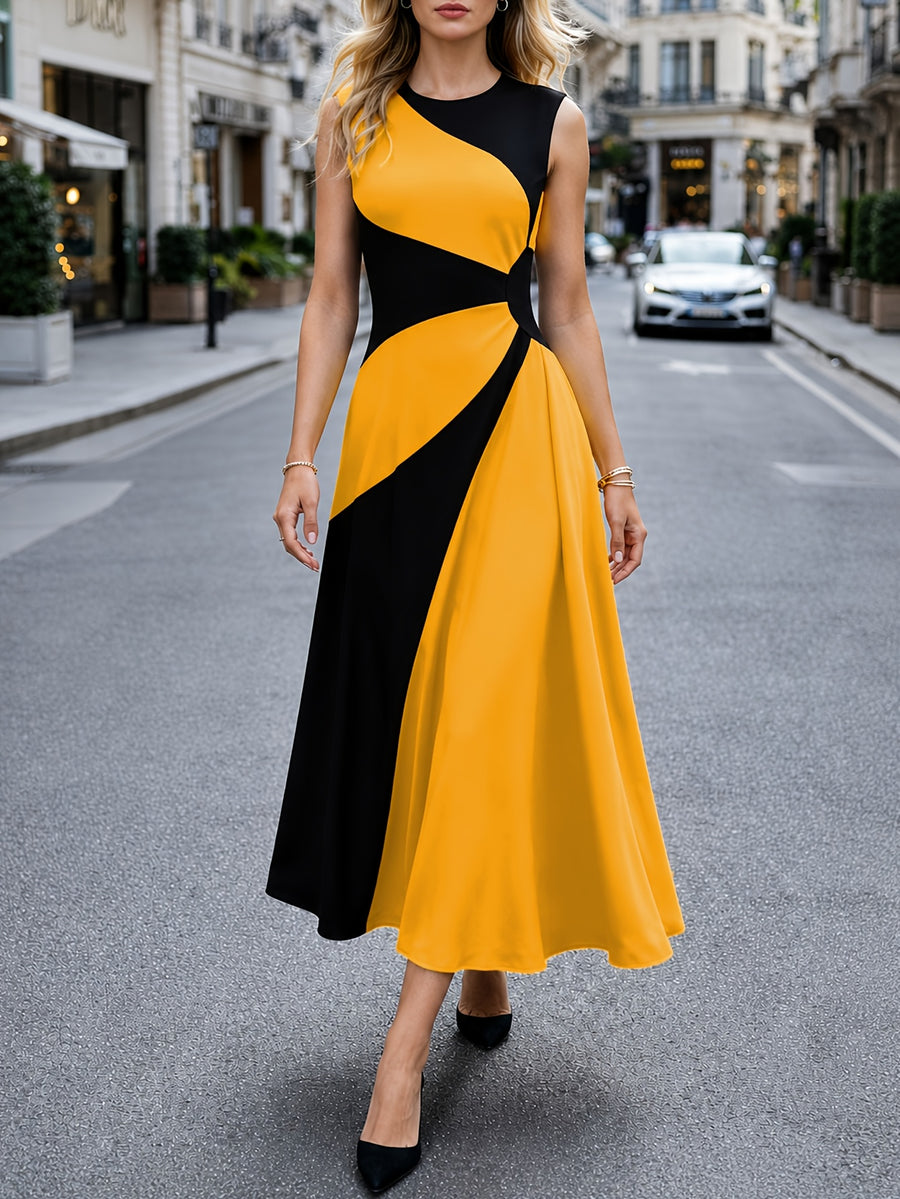 Summer Women's Elegant Color-Blocked Round Neck Sleeveless Dress, Black and Yellow Contrast Waist-Cinching Flared Maxi Dress, Suitable for Commuting, Parties, Dinners, and Vacation Wear - Yellowish-brown