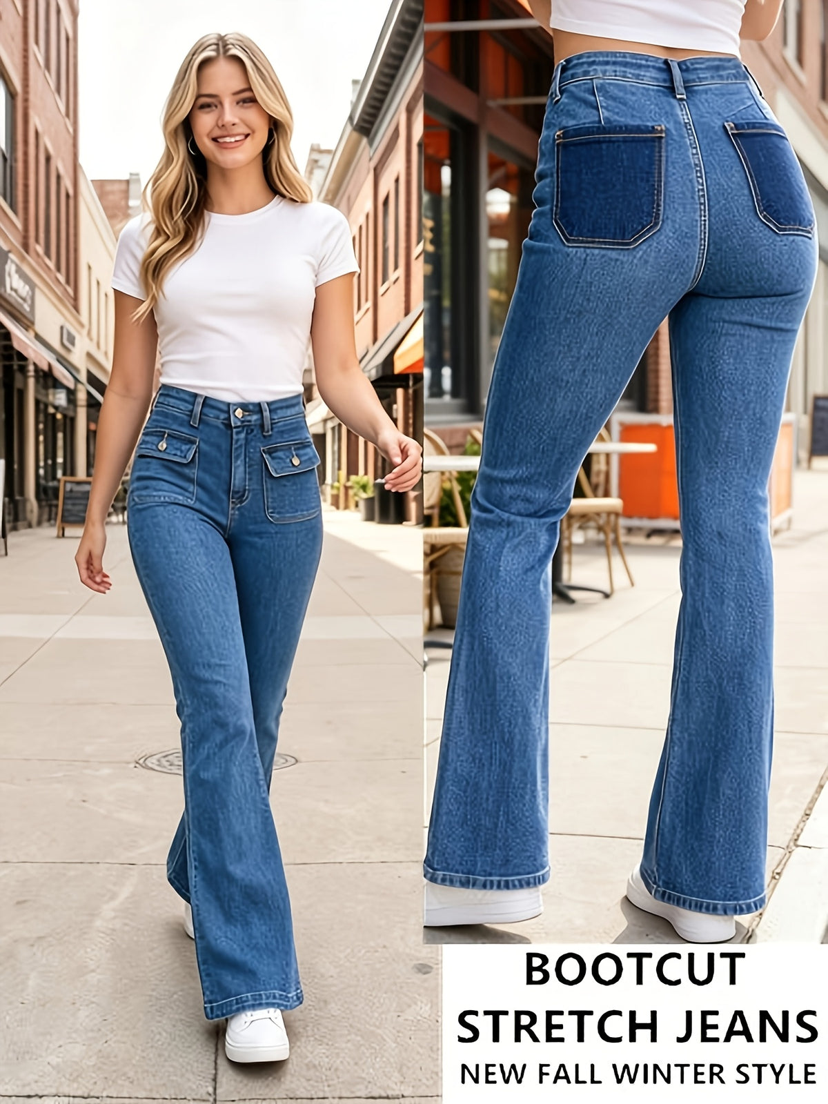 5062 1pc New Spring & Autumn Latin American Style High Waist Stretch Flare Jeans with Front Pockets, Classic Light Blue, Slim Casual & Versatile Fashion Denim Pants - Light Blue