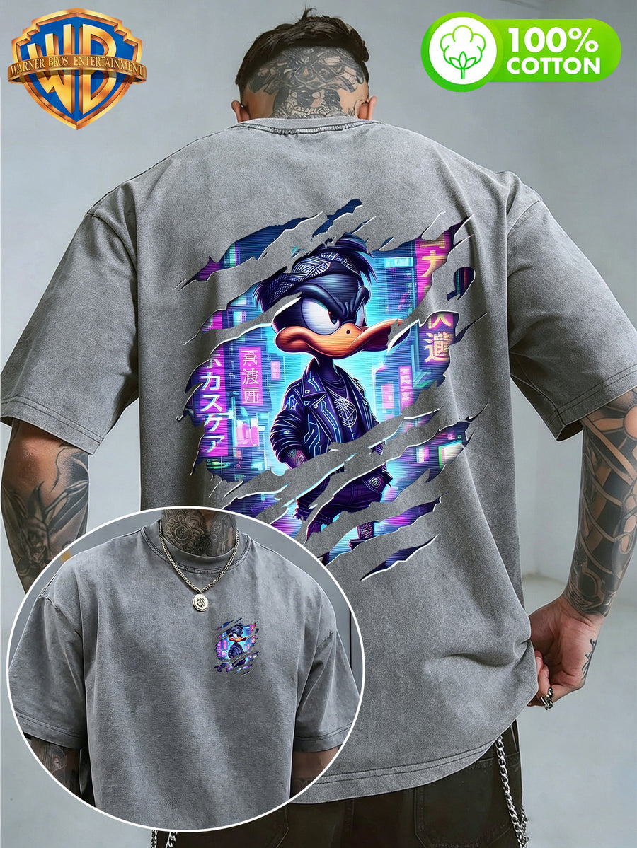 Warner Bros Official, 1pc, 100% Cotton Washed Vintage Distressed Short-Sleeve T-Shirt, American-Style Torn Paper Scratch Cyberpunk Cool Duck Streetwear Trend Top, Double-Sided Front and Back Print, Men's Casual Comfortable Versatile Loose Summer - Grey
