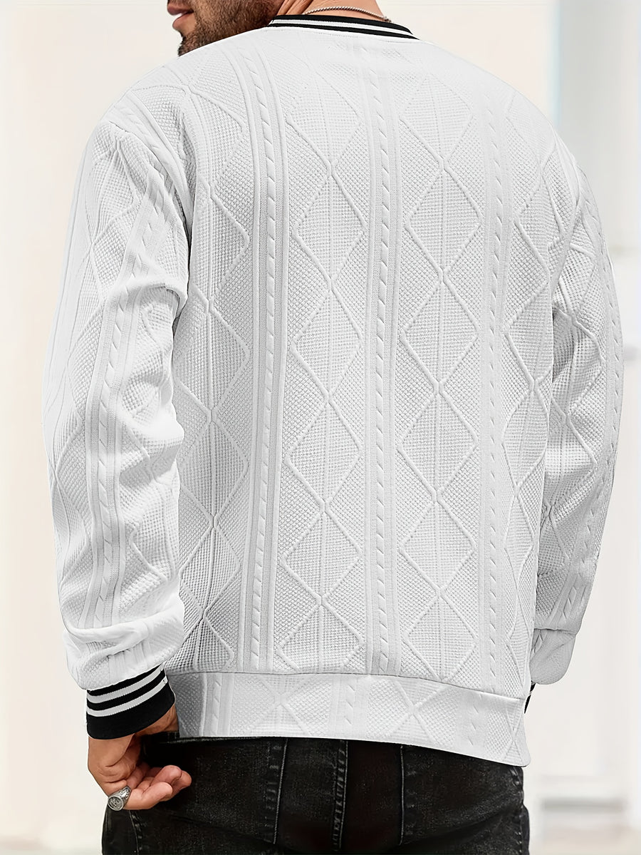New Men's Casual Fashionable Sporty Cool Versatile Trendy Stylish 3D Jacquard Fabric High Street Popular Knitted Flatbed Collar Crew Neck Sweatshirt - White