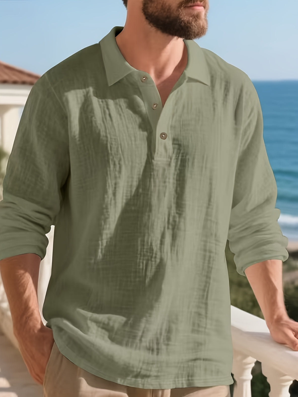 [Pearson OBM] Men'S Casual Fashion Breathable Soft Linen Texture Fabric Anti-Wrinkle Versatile Suitable for Daily Work Commuting Island Vacation Light Business Men'S Shirt - fern green