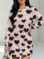 Women's Tiny Black Hearts All-Over Print Dress - Long Sleeve A-Line Dress with Crew Neck & Straight Hem, Full Suitable for Commuting, Home, Dating, Casual Wear, Style for Fall/Winter, Hand Washable Non- Dress - Multicolor