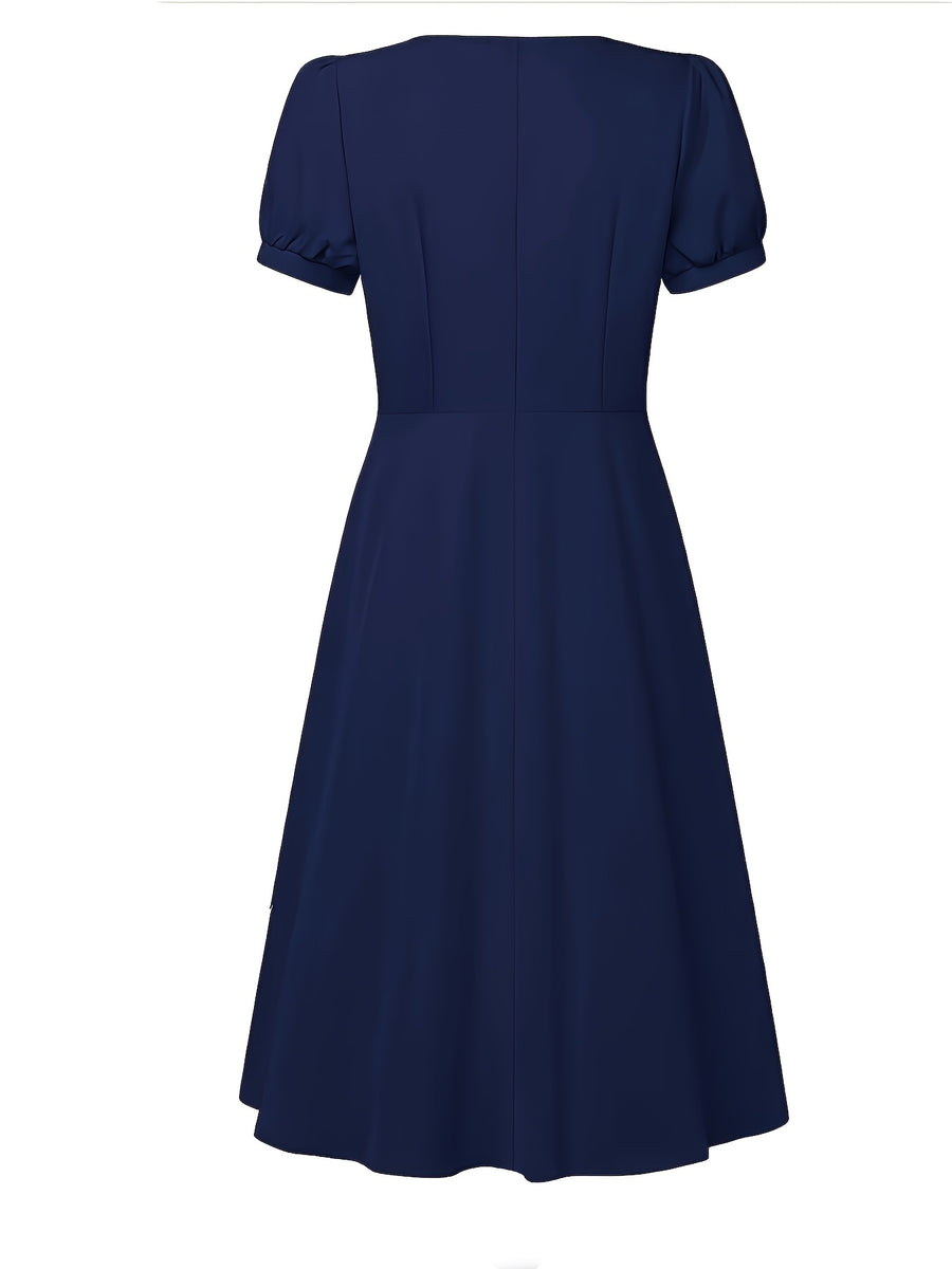 Elegant And Stylish Dress for Women with a Square Neckline, Drop Shoulder Sleeves, Solid Color, Featuring a Bow Design at The Waist, Easy to Wear And Remove, Machine Washable, Suitable for Outings And Dates, Perfect for Commuting Fashion - Navy Color