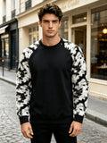 Men's Autumn/Winter Crew Neck Plush Sweatshirt, Raglan Sleeve Sweatshirt. Featuring a Stylish Color Block Patchwork Pattern and Solid Color Designs, This Wrinkle-resistant, Soft Knitted Material Is Highly Practical. Suitable for Students' Daily Wear - Black