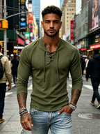 Men'S 2pcs Cross-Lace V-Neck Henley Shirt Long Sleeve T-Shirt Interlock Ribbed Elastic Skin-Friendly Breathable Fabric Off-Shoulder Slim Fit Slimming Top - Black + Army Green