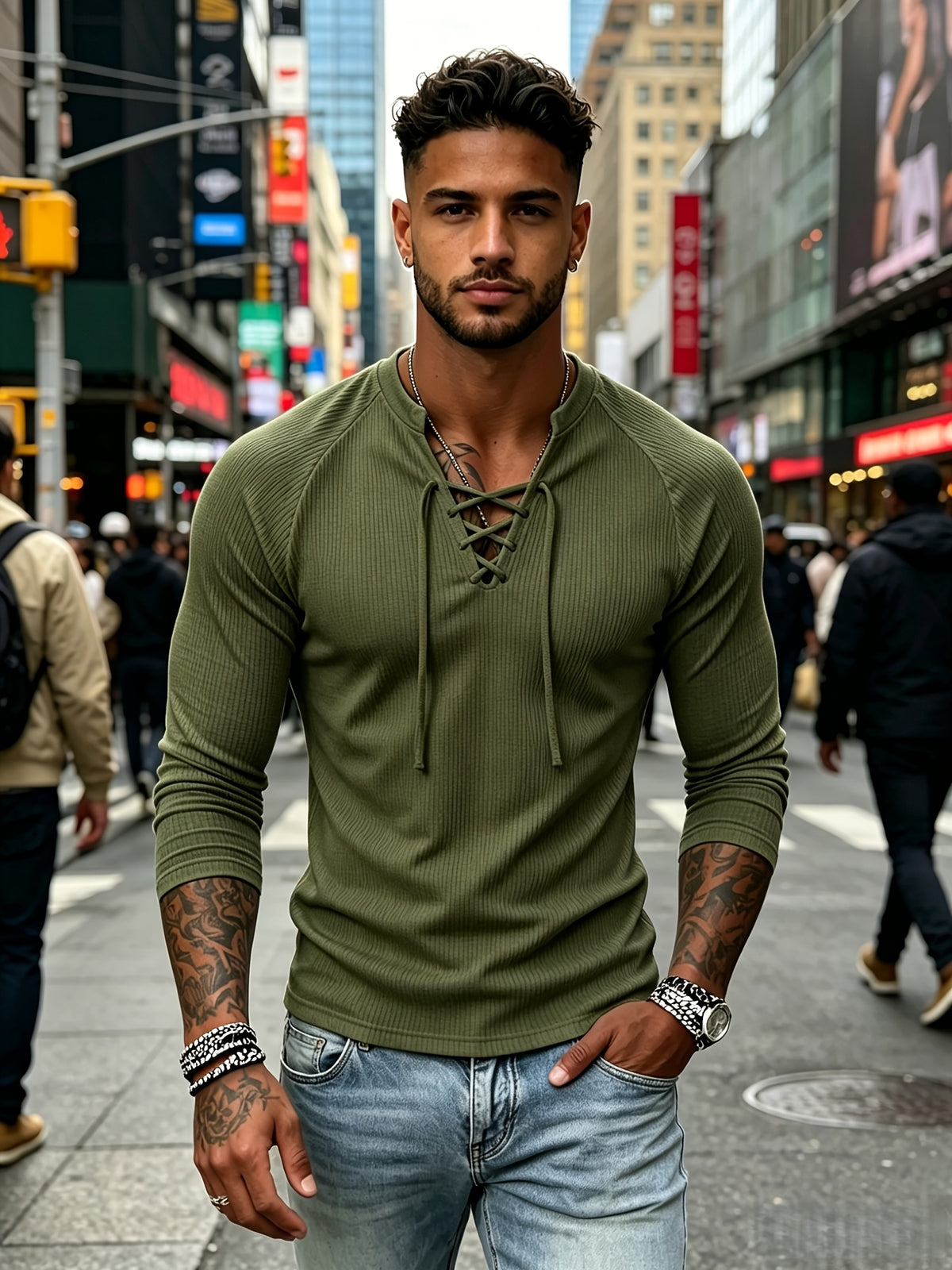 Men'S 2pcs Cross-Lace V-Neck Henley Shirt Long Sleeve T-Shirt Interlock Ribbed Elastic Skin-Friendly Breathable Fabric Off-Shoulder Slim Fit Slimming Top - Black + Army Green