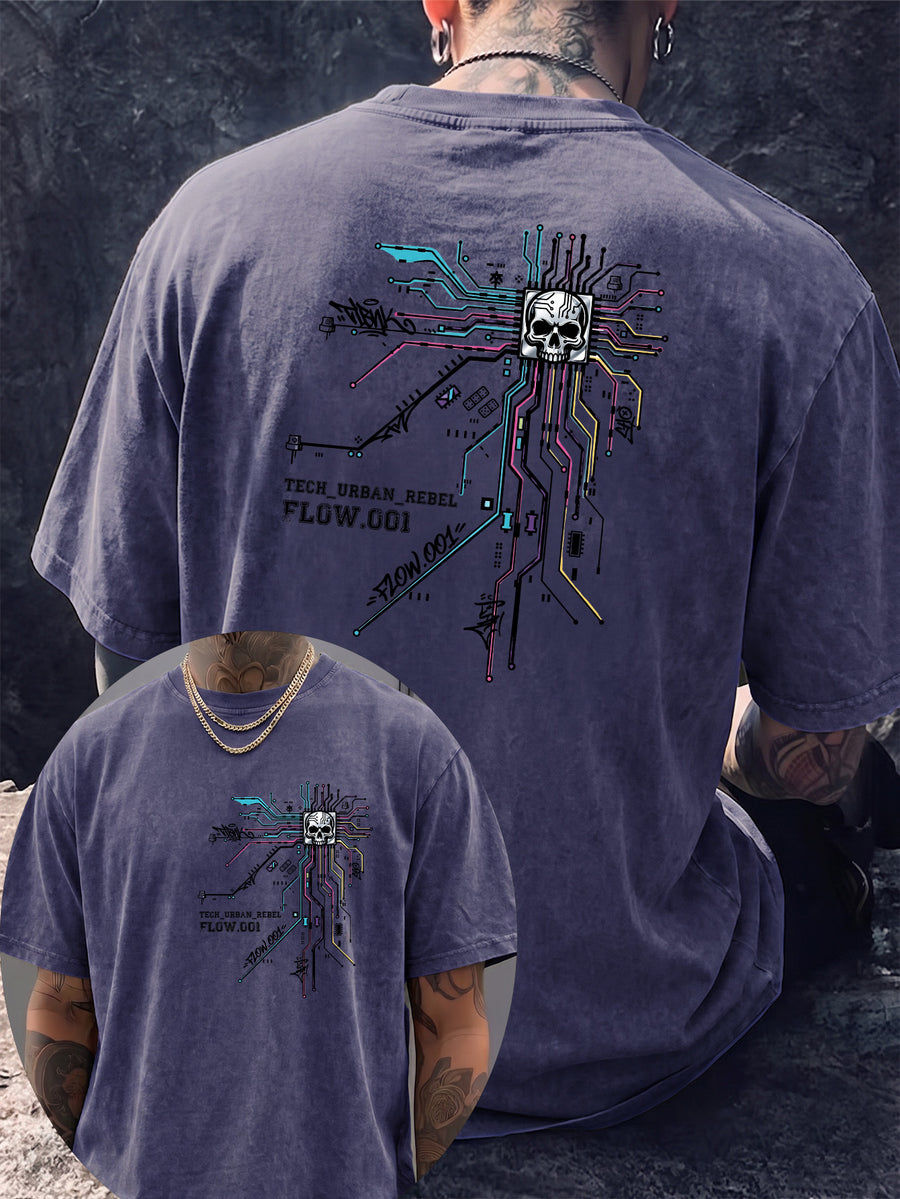 Men's Short-Sleeve T-Shirt, Pure Cotton, Loose Fit, Washed Distressed Circuit Board Skull Graffiti Print, Trendy Reversible Double-Sided Print, 12 Colors for Mix & Match, American Streetwear High Street Hip-Hop Top, for Daily Outings - Royal Blue