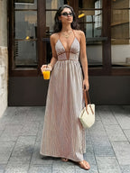 Women's V-Neck Striped Vacation Dress, Sleeveless Sexy Halter Neck Long Dress - Coffee Color
