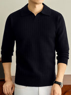 Autumn Winter Knit 3D Solid Color Lapel Polo Sweater, Basic Knit Pullover Top for Men, Fashionable Long Sleeve Sweater, Size S - Black