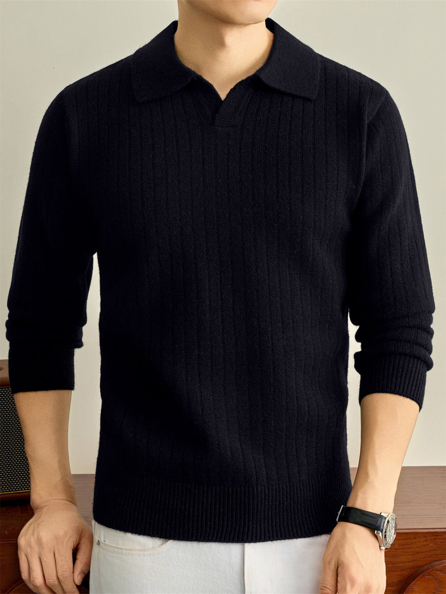 Autumn Winter Knit 3D Solid Color Lapel Polo Sweater, Basic Knit Pullover Top for Men, Fashionable Long Sleeve Sweater, Size S - Black