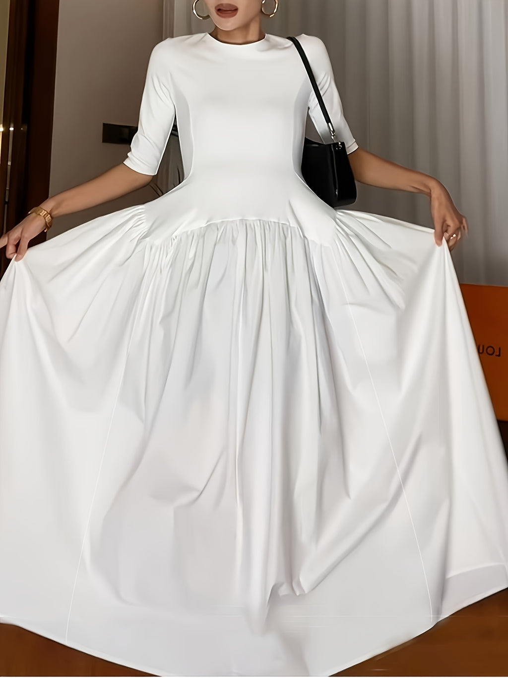 Elegant French Style Maxi Dress with Smock Waist & Ruffle Hem - -Length Party Wedding Guest Gown, Machine Washable Spring Summer Fall Formal Evening Dress - Ivory White