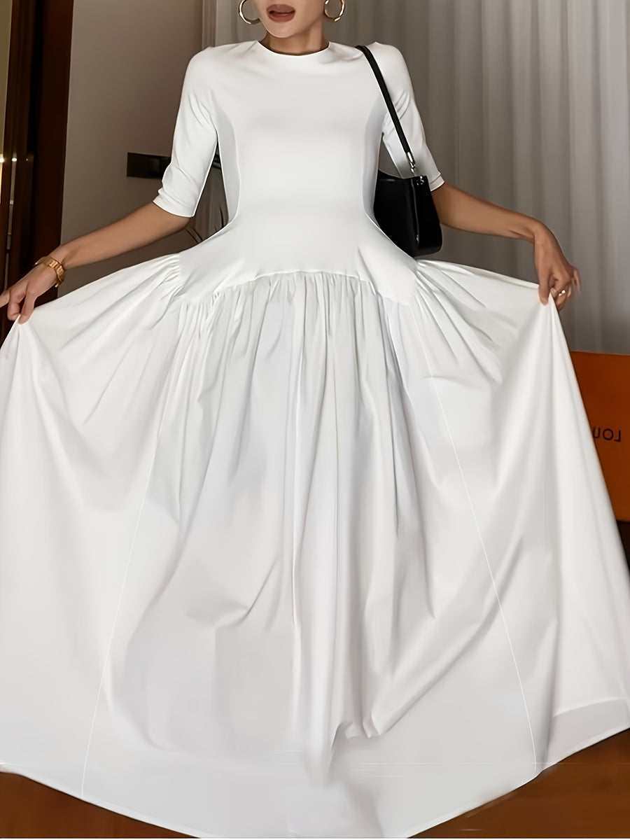 Elegant French Style Maxi Dress with Smock Waist & Ruffle Hem - -Length Party Wedding Guest Gown, Machine Washable Spring Summer Fall Formal Evening Dress - Ivory White