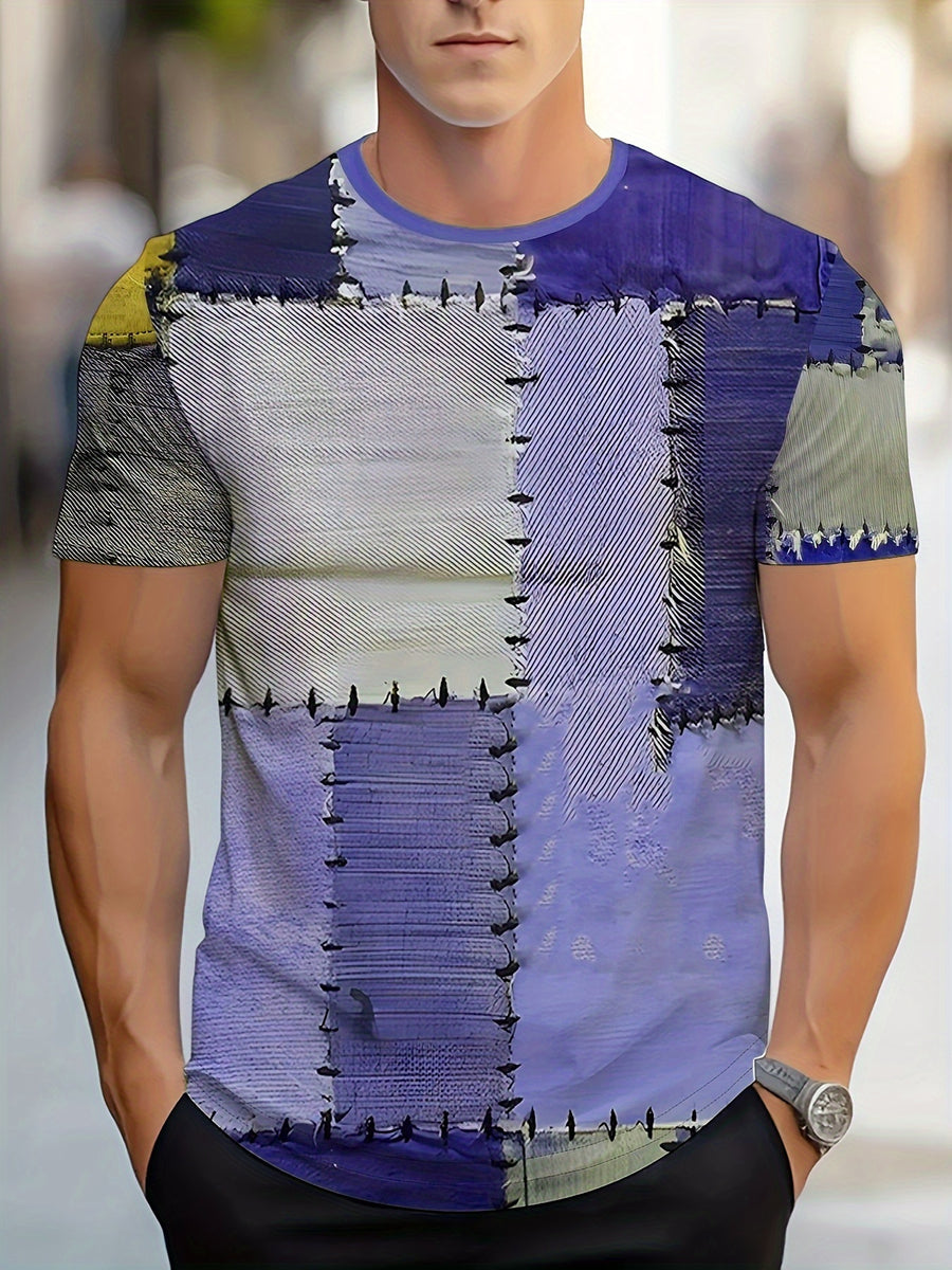 Men's Summer 3D Digital Print Street Style T-Shirt - Regular Fit Crew Neck Patchwork Design, Breathable Fabric Suitable for Casual and Sportswear, Machine Washable, Fashionable Pattern Top, Textured Shirt - Mix color 5