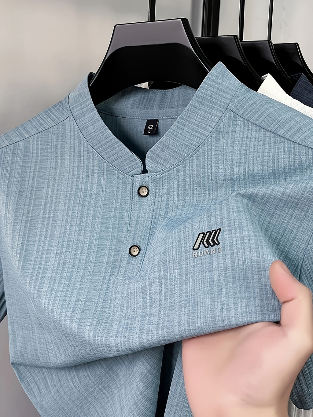 Men's Summer Short-Sleeve Henley Neck T-Shirt - Breathable Base Layer Shirt with Asymmetric Collar, Stand Collar Suitable for Business Casual Wear, Machine Washable Solid Color Top for Office, Outdoor & Daily Work Scenes - Blue
