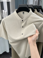 Kartmar CRRTMARO Summer New Chinese Stand-Up Collar Shirt Men'S Short Sleeve High-End Mandarin Collar Dress Shirt Business Casual Men'S Top Tiamai - Apricot Gray