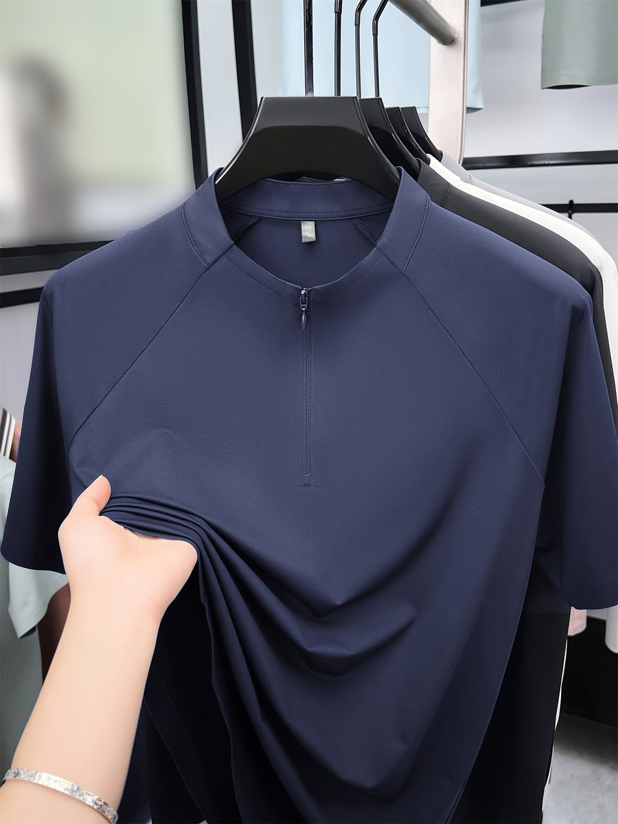 New Summer Men's Short-Sleeve Henley Shirt, Half-Zip Stand Collar Raglan Solid Color Top, Versatile Multi-Color Men's Apparel for Business Commuting, Outdoor, Fitness, Golf, Men's Gift - Navy Color