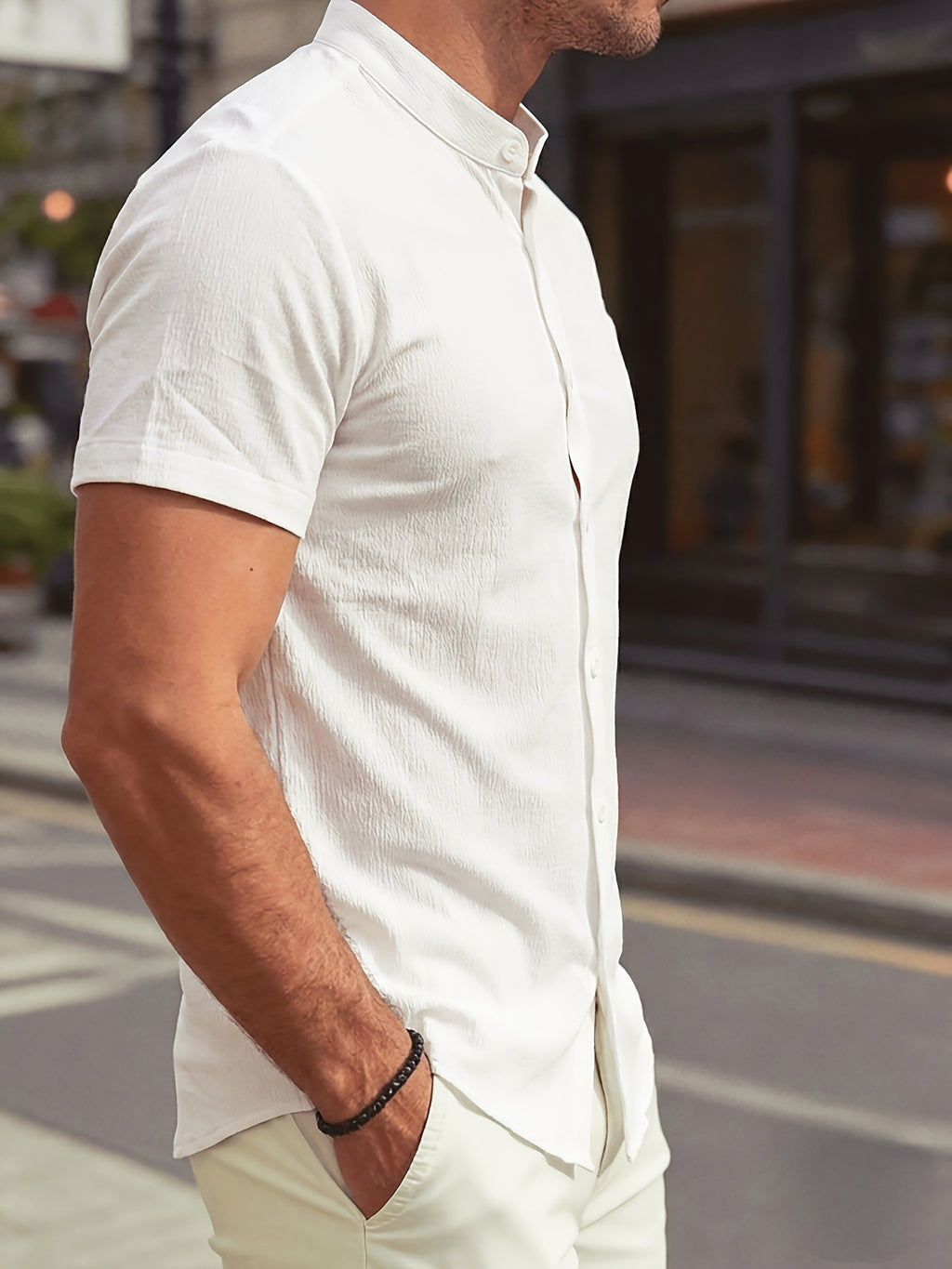 New Summer Men's Thin Stand Collar Casual Shirt, Solid Color Short Sleeve Business Fashion Button-Up Shirt for Muscular Men, Stylish Short Sleeve Design Suitable for Casual and Office Wear - Beige Apricot