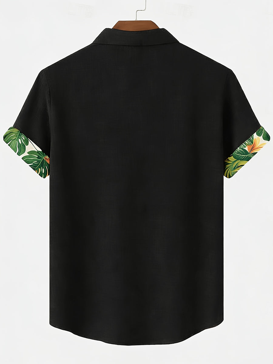 100% Men'S Casual Short Sleeve Shirt, Pure Fabric with Print And Color Block Design for Summer, Beach Vacation Style Blouse, Fabric Is Sweat-Absorbent And Breathable, Great Gift for Boyfriend And Husband, Suitable for Outdoor Travel Or Vacation - Soot Black