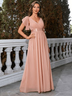 Women'S Elegant V-Neck Shoulder Ruffle Chiffon Bridesmaid Gown Dress with Cinched Waist Elastic Band - Pink