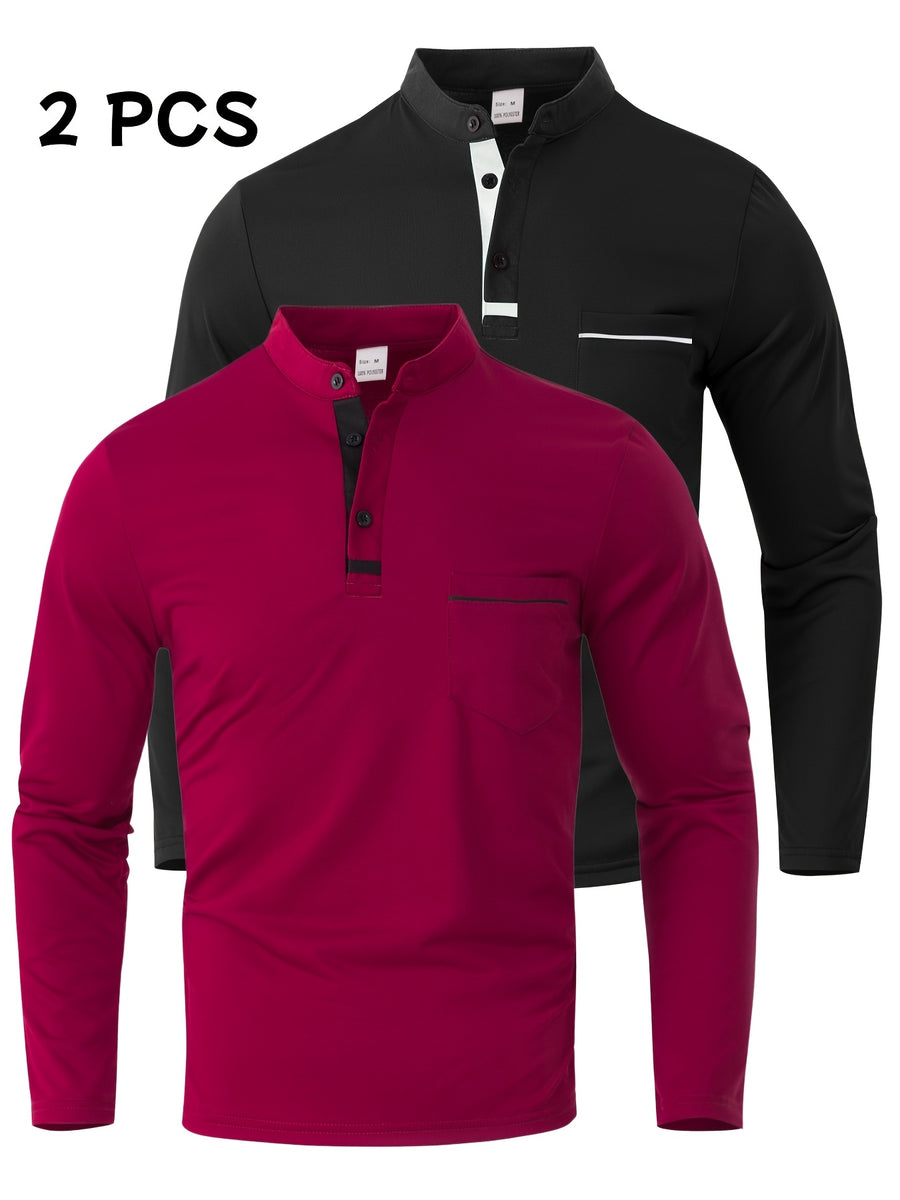 [JOSHIMAI OBM] 2pcs Men'S Long Sleeve Henley Shirts, Soft Comfortable Stretch Fabric, Lightweight Breathable Easy Care, Stand Collar 3-Button Placket Design, Contrast Color Placket And Pocket Details, Suitable for Office Commute, Business Casual - Wine Red+Black