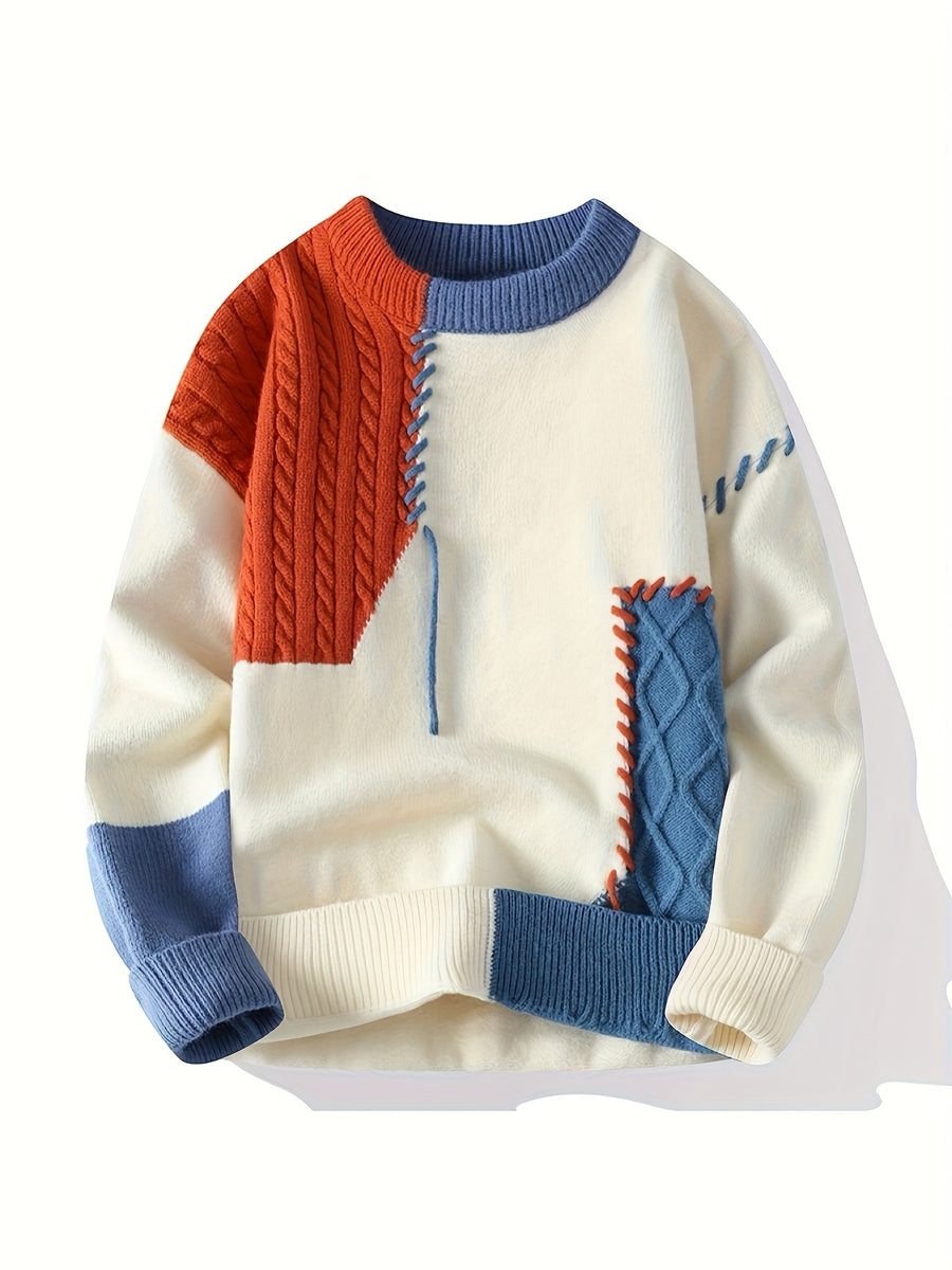 Men's Color-Block Crewneck Sweater, Regular Fit Warm Knitwear for Autumn/Winter, Casual Base Layer for Teens, Fashionable - Apricot