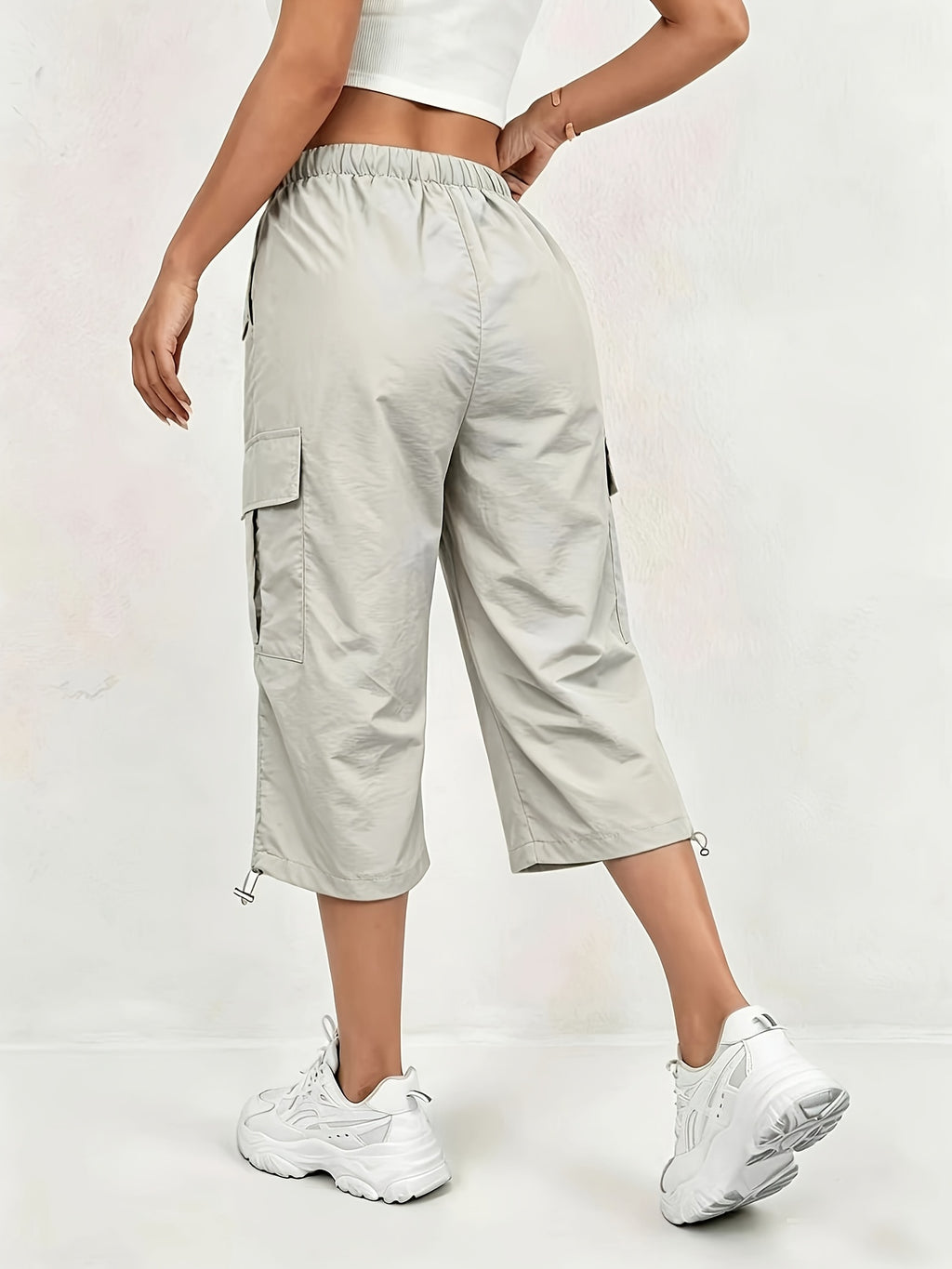 Women's Solid Color Pants with Elastic Waist & Multi-Pocket - Lightweight Quick-Dry Cropped Capri Length Trousers, Loose-Fit Suitable for Casual Outdoor, Office, Casual Attire, Machine Washable (No) - Khaki